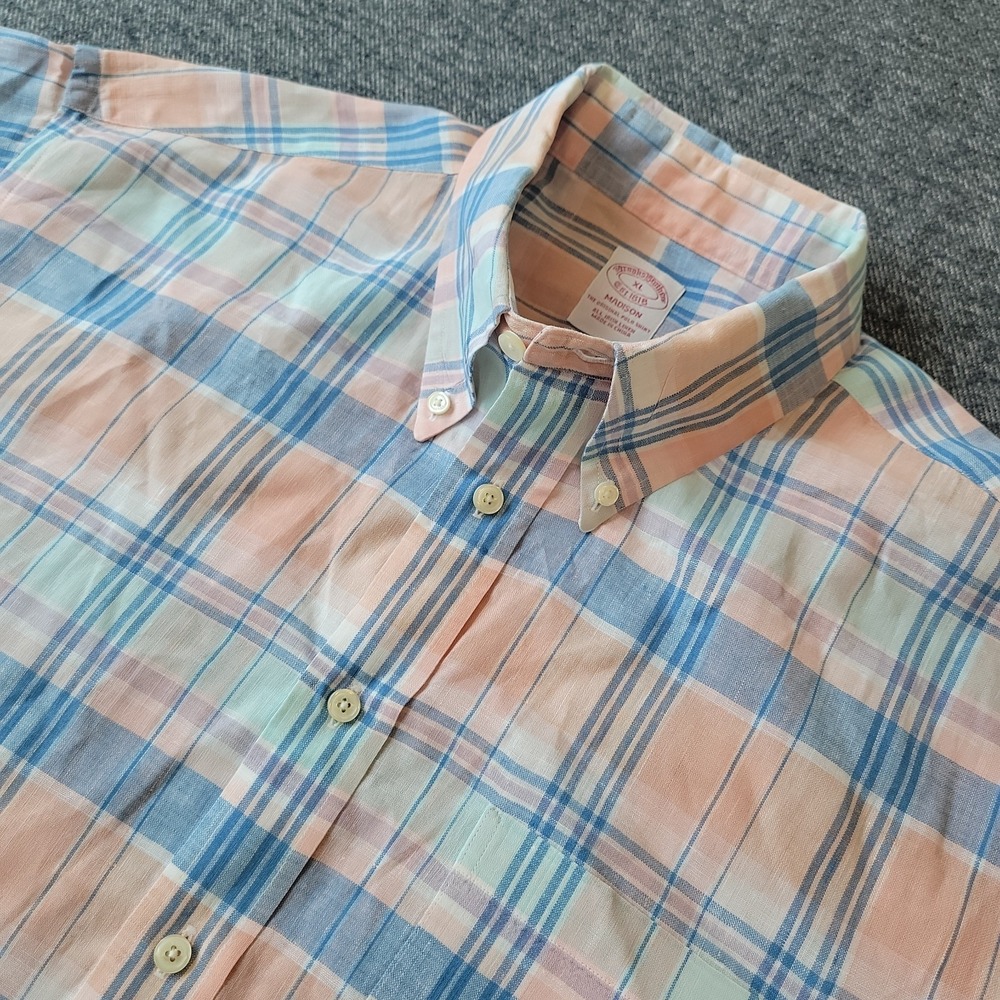 Brooks Brothers Shirt Mens XL Madison Irish Linen Blue Plaid Pastel Short Sleeve